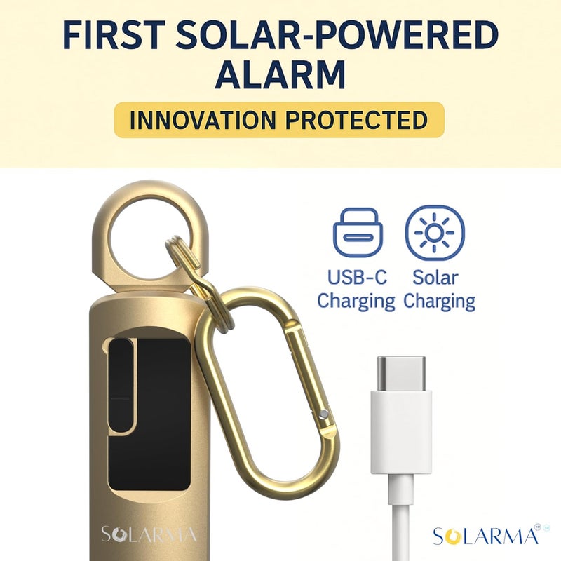 HerTime2 Solarma by | Solar Powered Personal Alarm for Women | Extra Loud Dual Siren + LED | Solar + USB-C Rechargeable | Ideal Gift for College Travel Running Realtors | Self Defense Safety Alarm - Image 2